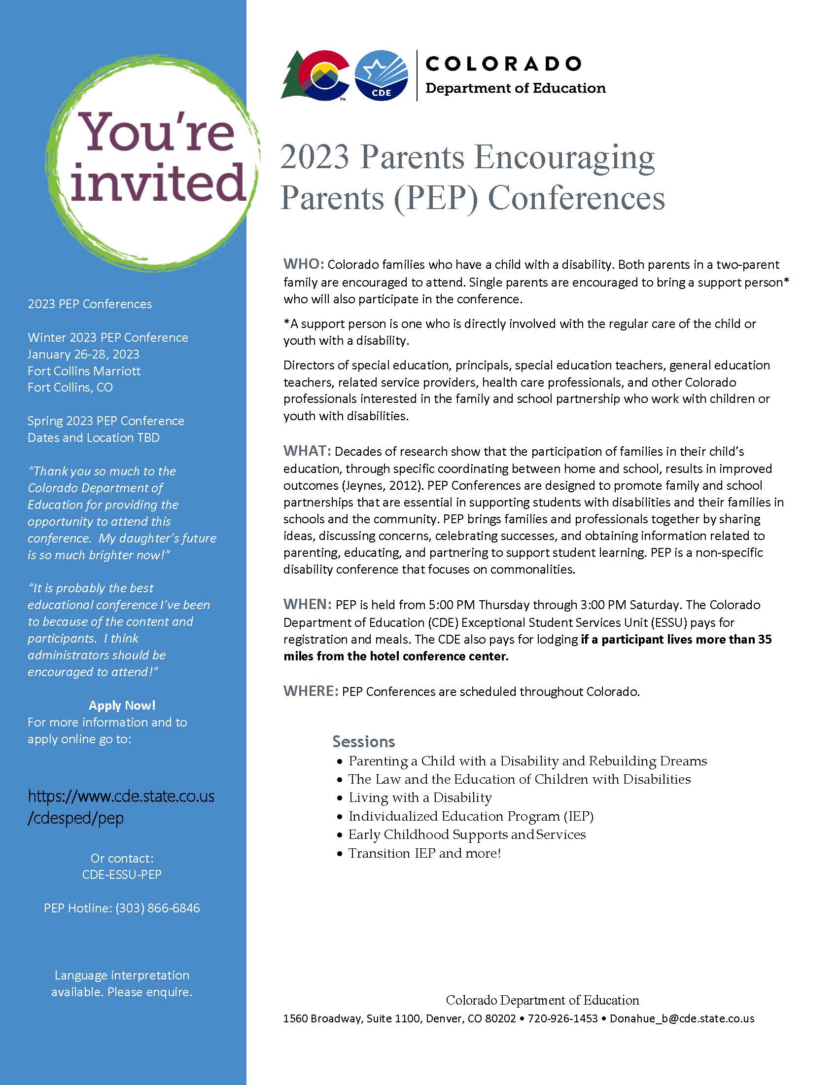 Colorado Department of Education  Parents Encouraging Parents Academy Flyer English Version