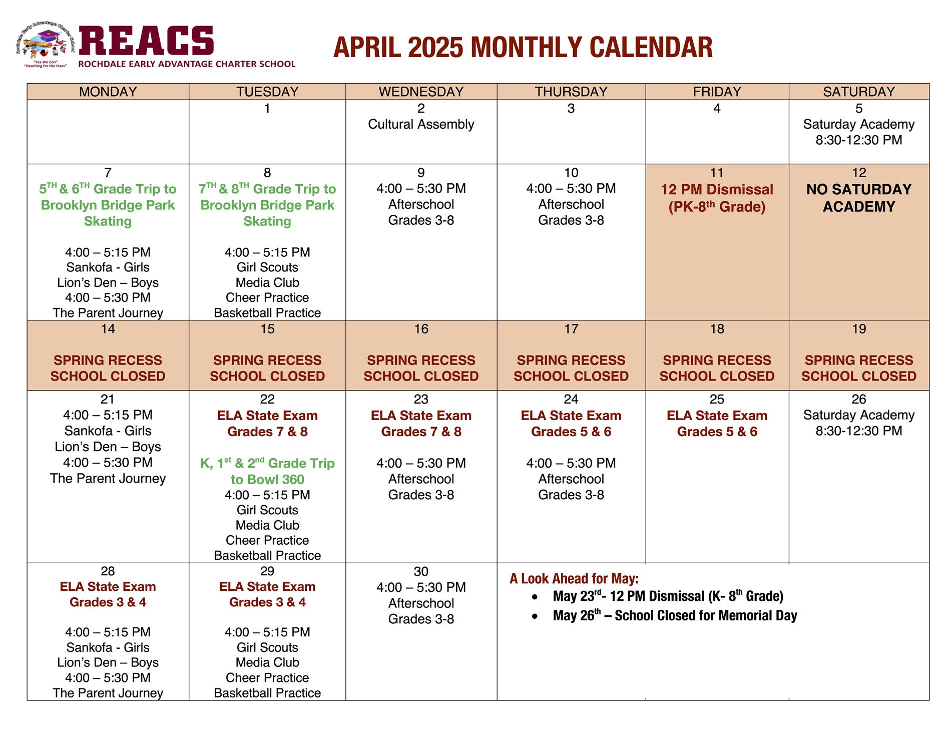 April Monthly Calendar