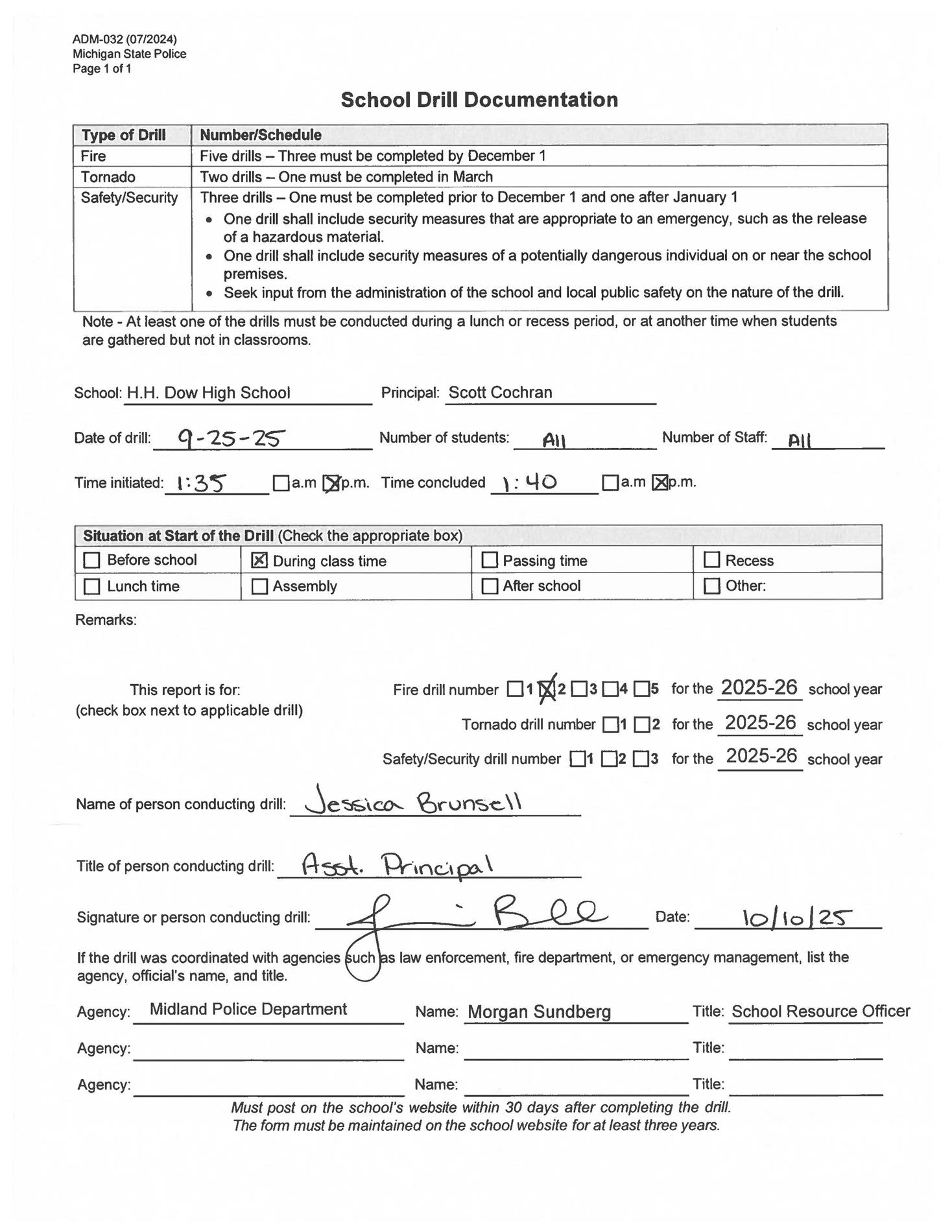 Form for Dow High's second fire drill of 2025-2026 Form for Dow High's second fire drill of 2025-2026