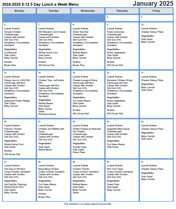 Jan lunch menu