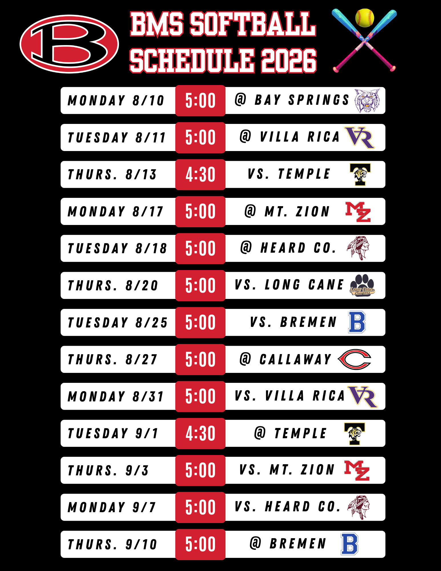 2026 BMS Softball Schedule 