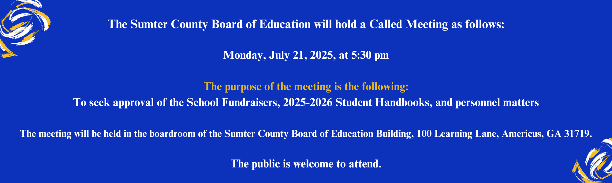 BOE Called Meeting Monday July 18, 2025 at 5:30 pm