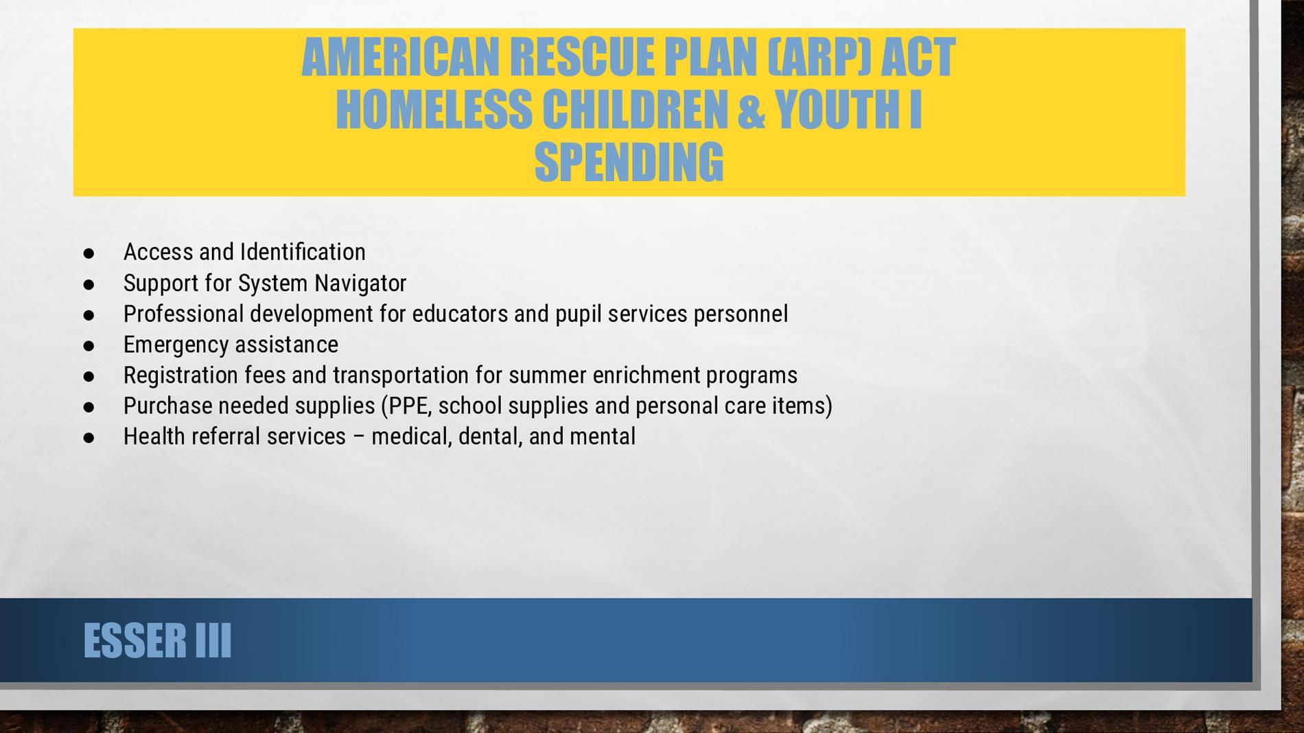 AMERICAN RESCUE PLAN (ARP) ACT HOMELESS CHILDREN & YOUTH I SPENDING