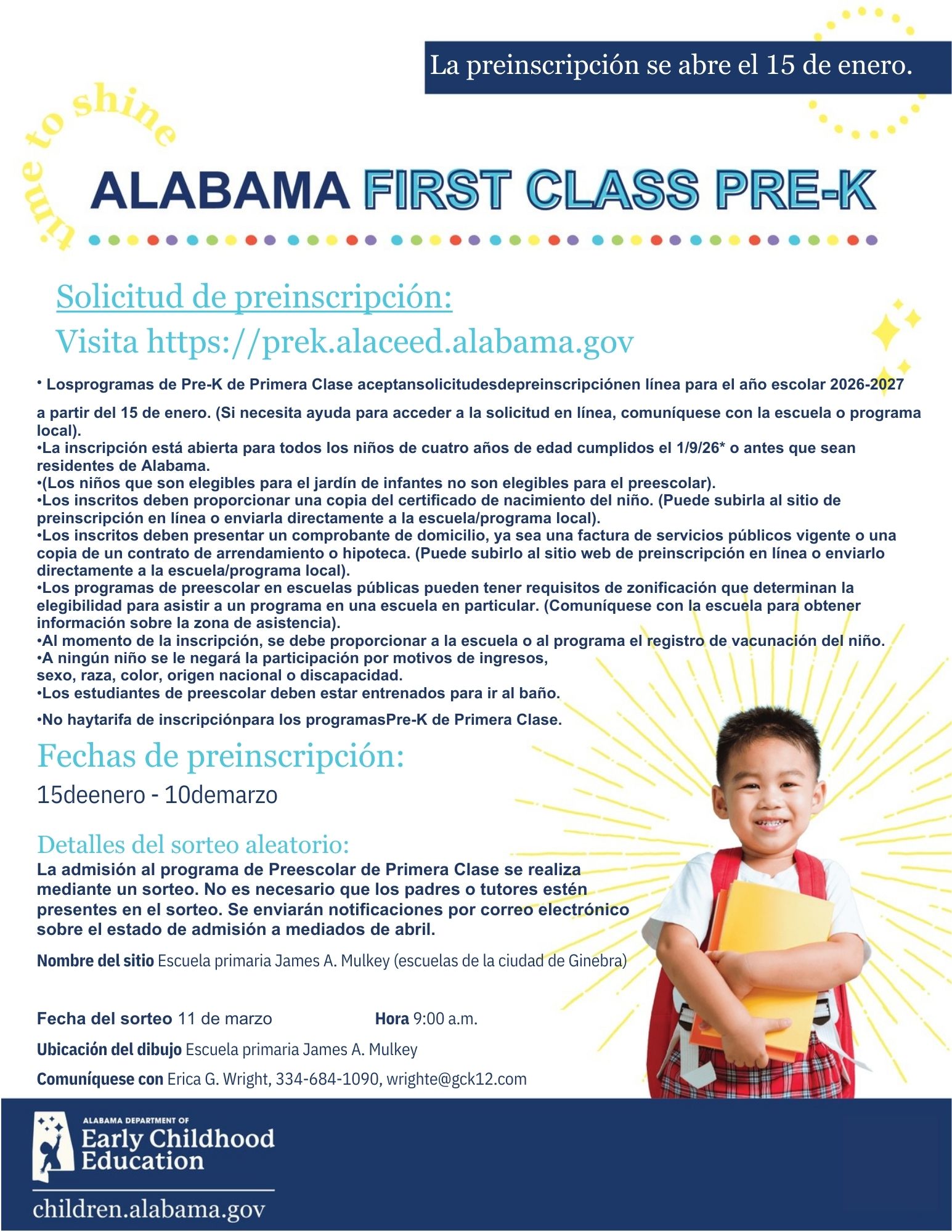 Pre-K Registration Flyer with Spanish words and QR code