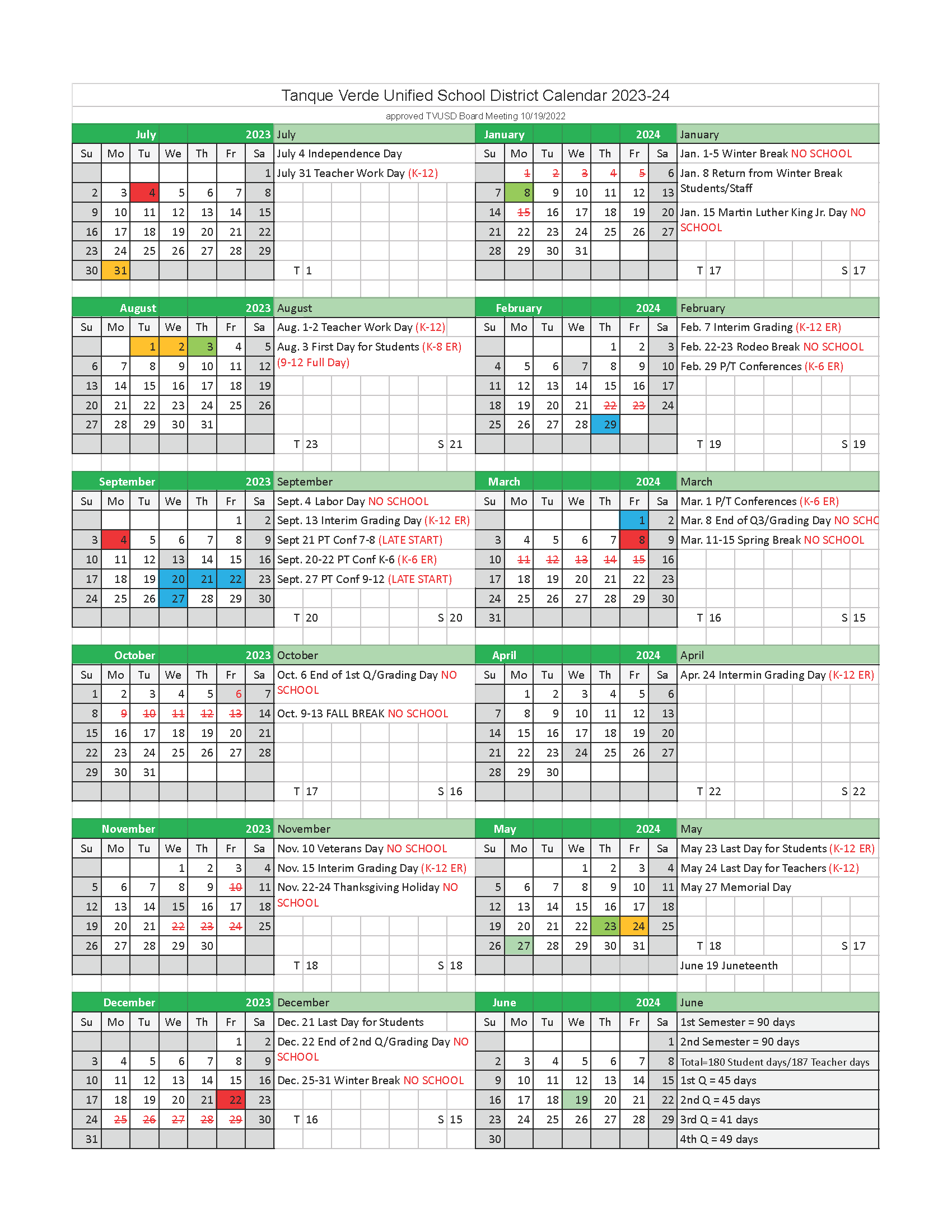 School Year Calendar - Tanque Verde Unified School District