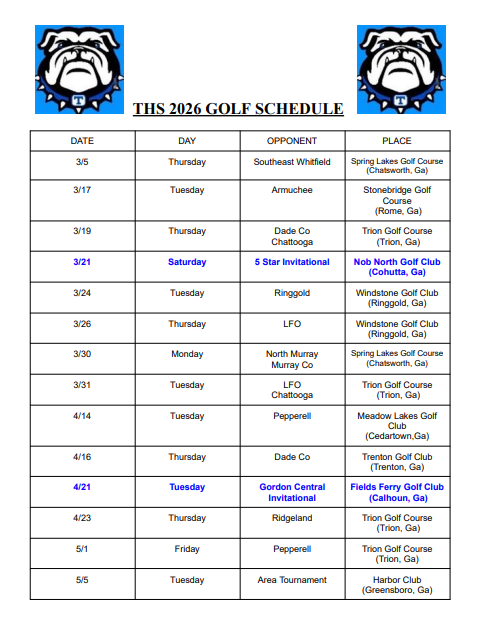 2026 GOLF SCHEDULE