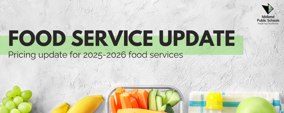 A banner with a food service update and photos of bananas and a lunch tray