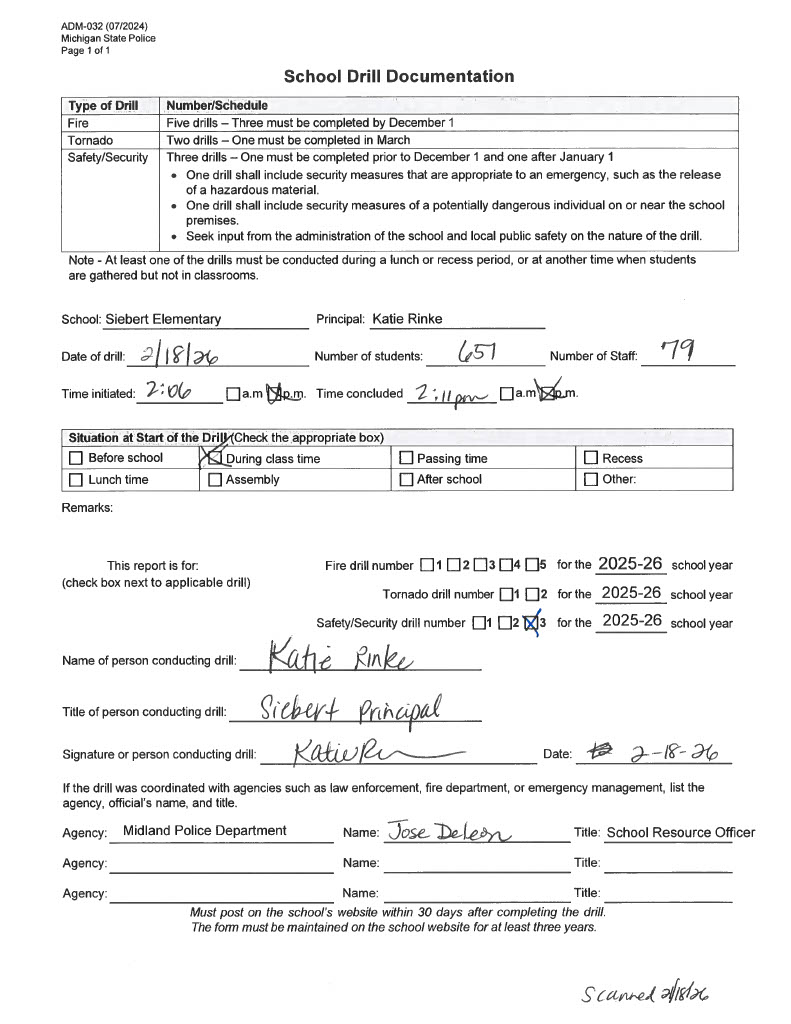 Siebert Elementary's third safety drill of the 2025/2026 school year.
