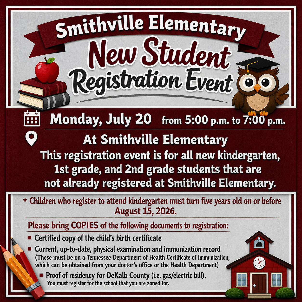 New student registration Event July 20 from 5-7 pm at SES