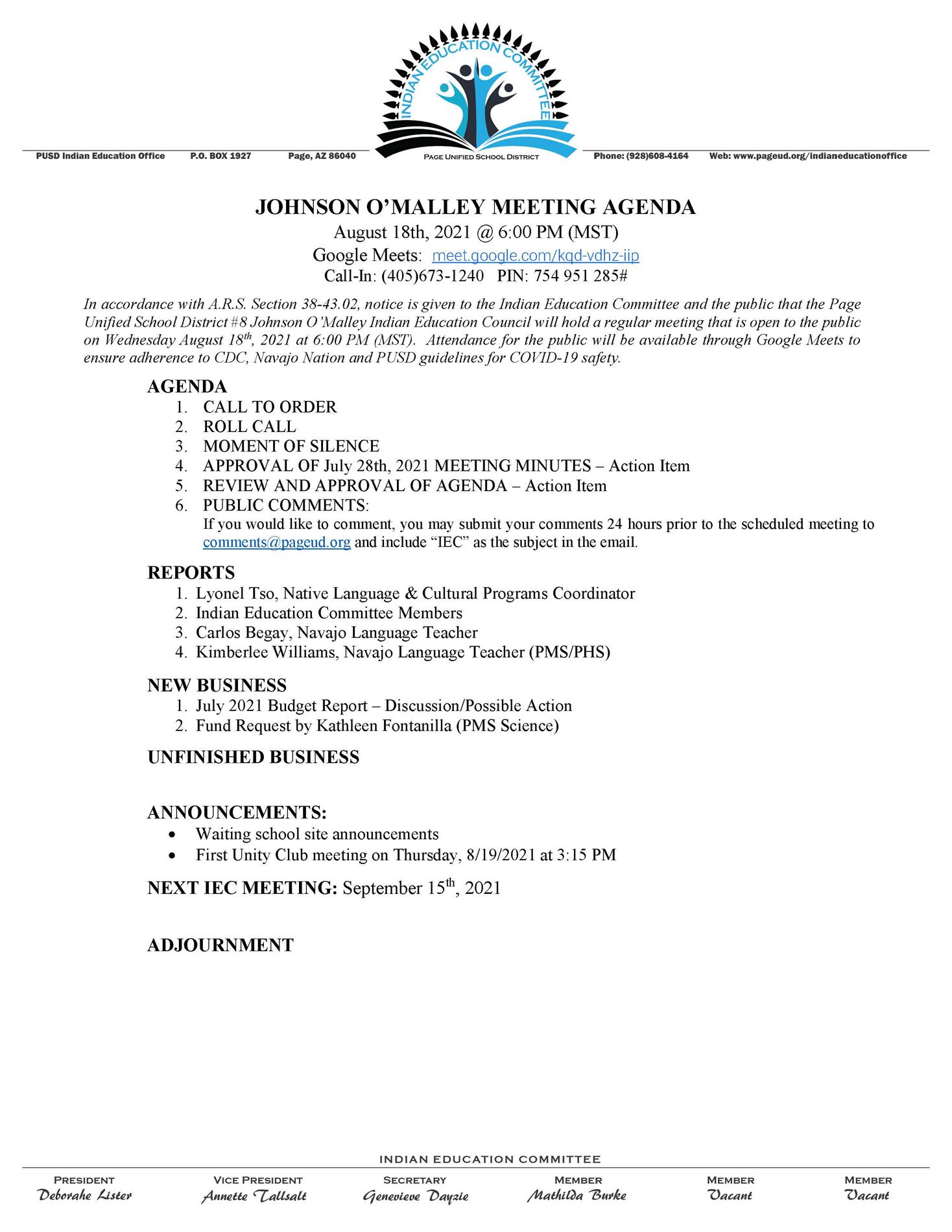 August IEC Meeting Agenda August IEC Meeting Agenda