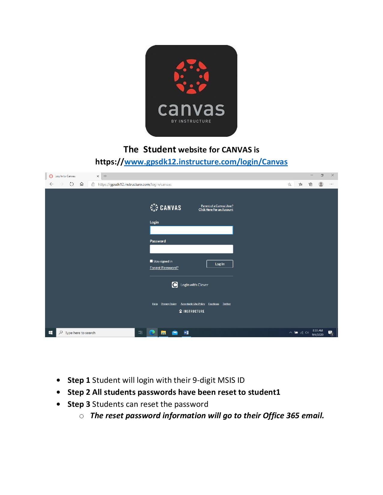 Student Login instructions for Canvas