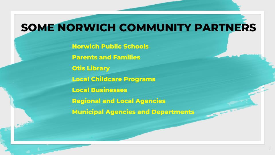      SOME NORWICH COMMUNITY PARTNERS  Norwich Public Schools  Parents and Families  Otis Library  Local Childcare Programs  Local Businesses  Regional and Local Agencies   Municipal Agencies and Departments