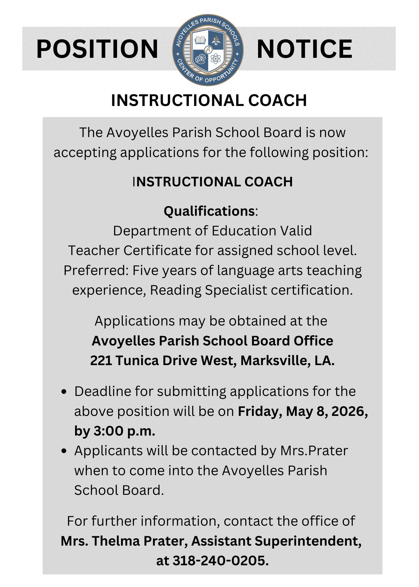 Instructional Coach Vacancy 4.22.26