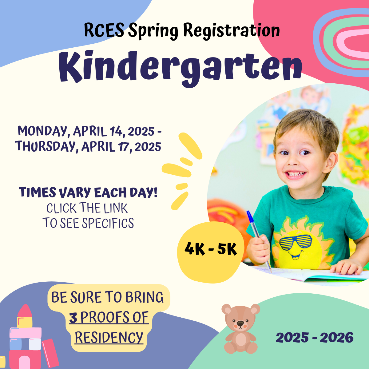 RCES Kindergarten Registration April 14 - 17, 2025 Click for more info. 