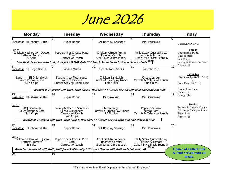 Summer Feeding Menu for NON BUS SITES Summer Feeding Menu for NON BUS SITES