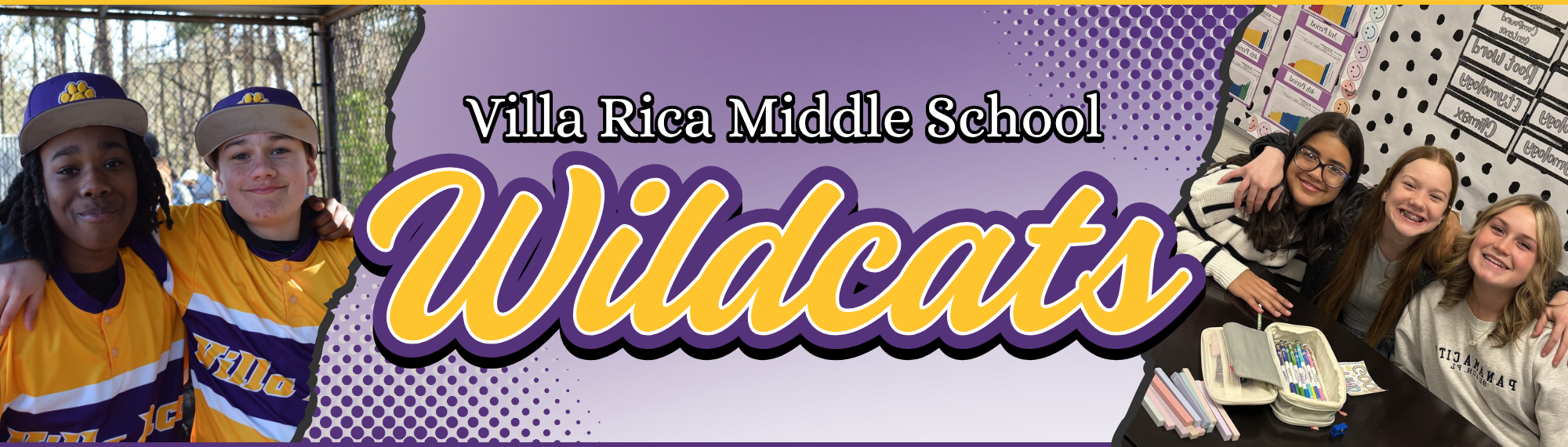 Villa Rica MIddle School wildcats with pic of two VRMS baseball players on left and 3 female students on the right.
