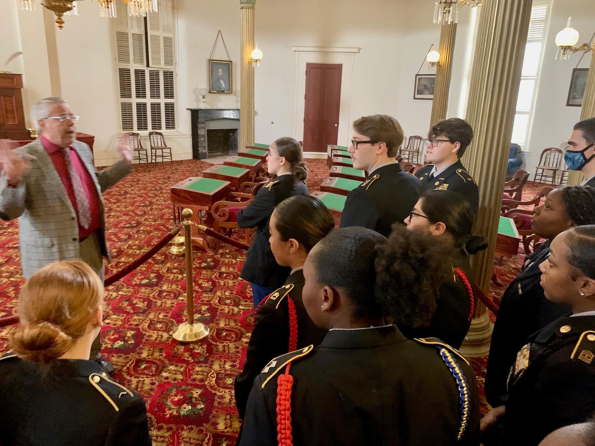 Murphy and Blount High School JROTC cadets receive a guided tour of the Alabama State Capitol for CTE on the Hill.