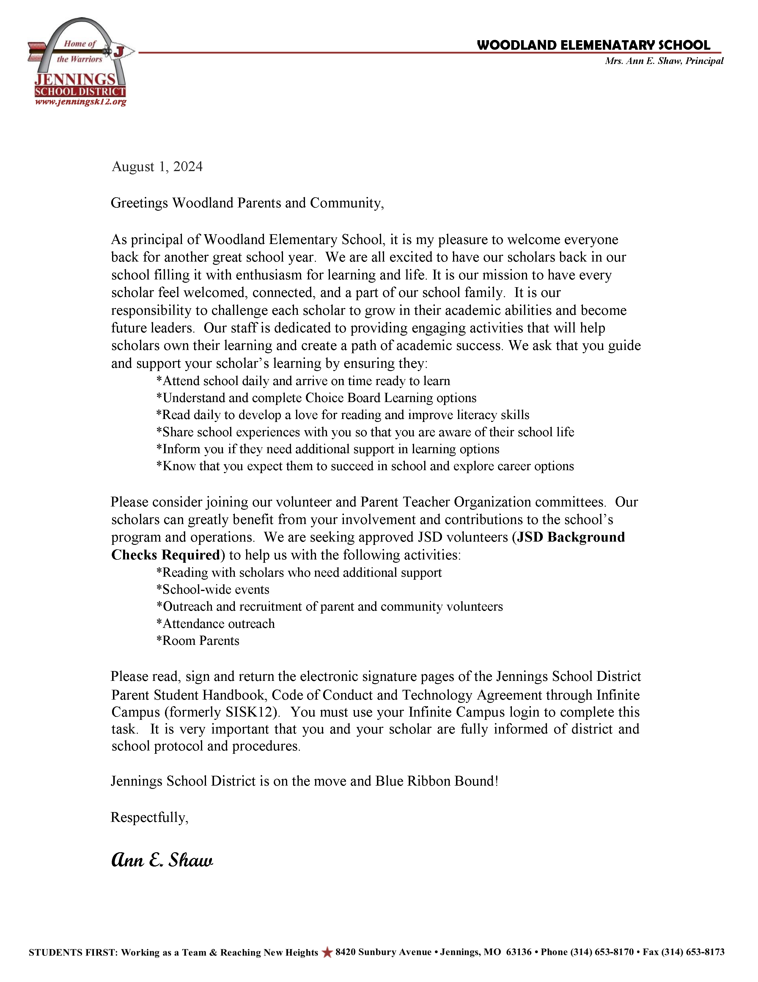 Letter from Principal Shaw welcoming families back to school