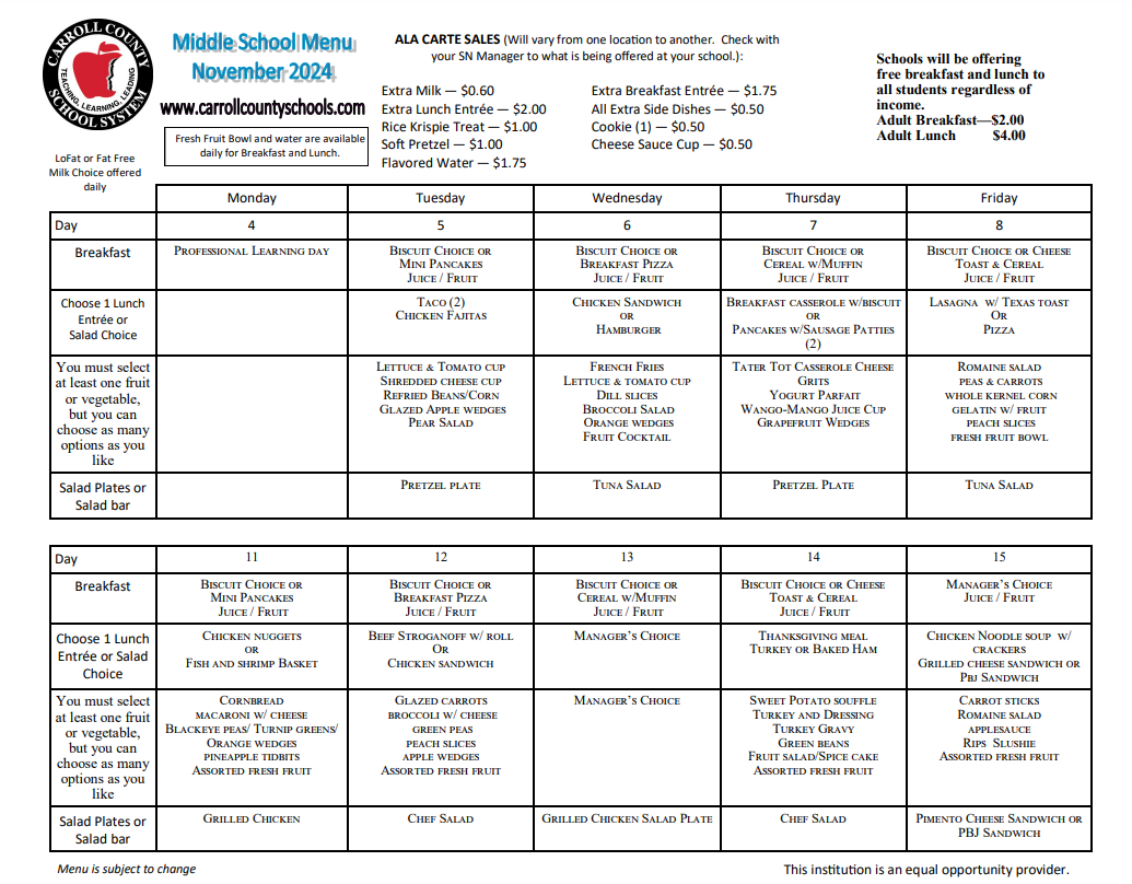 November Lunch Menu