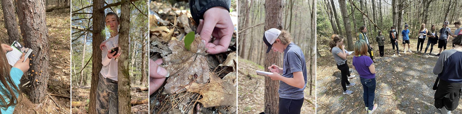 Several photos of middle school students in a science class taking notes and working outdoors