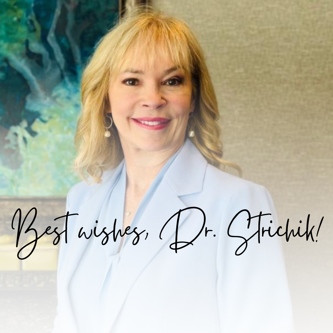 Photo of Tracye Strichik in Blue Suit with Best Wishes, Dr. Strichik Caption 