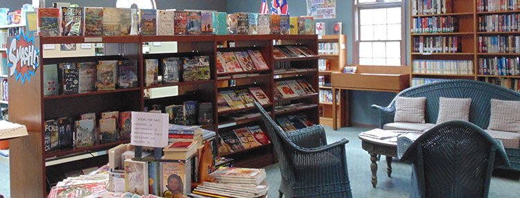 Books on shelves inside library