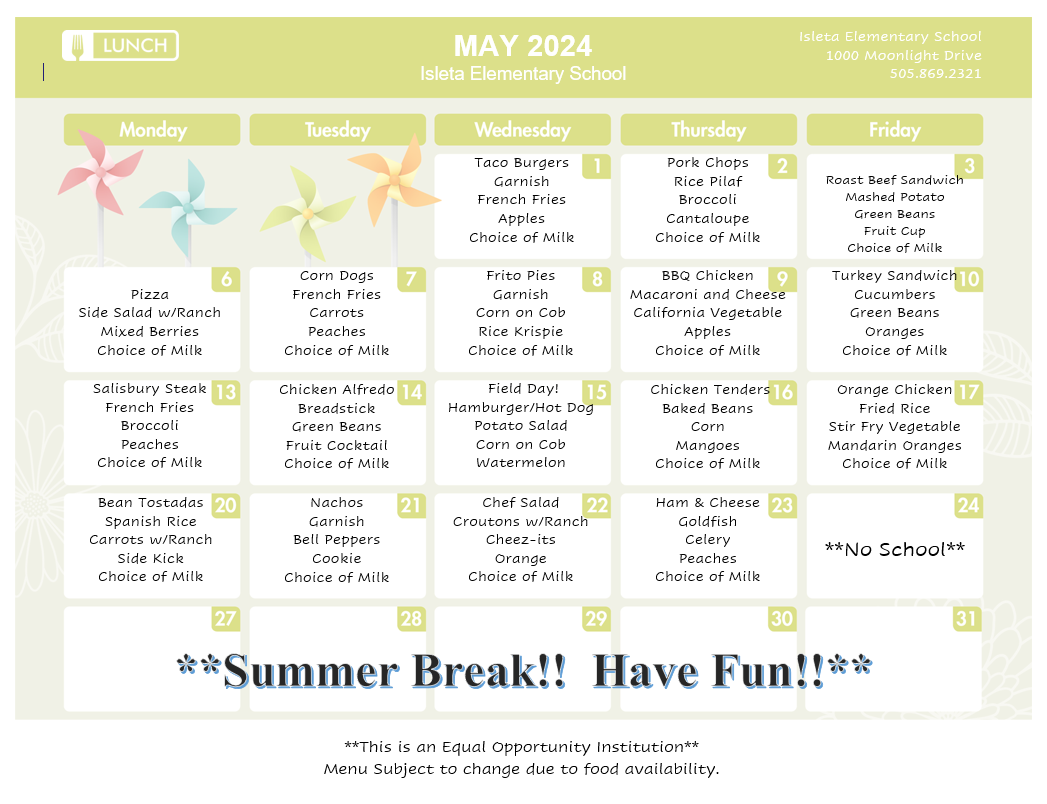 calendar showing the lunch menu for may