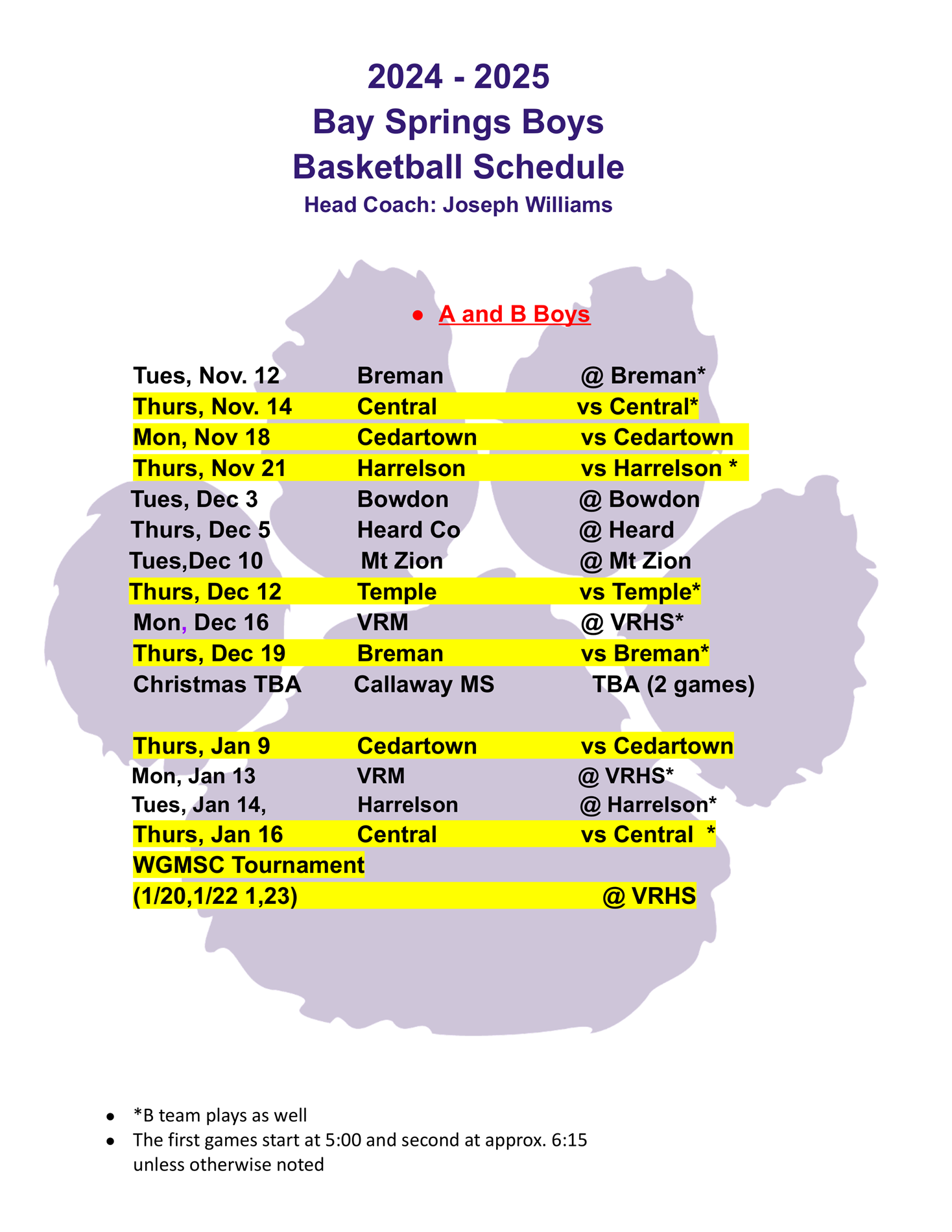 Boys Basketball Schedule 2024