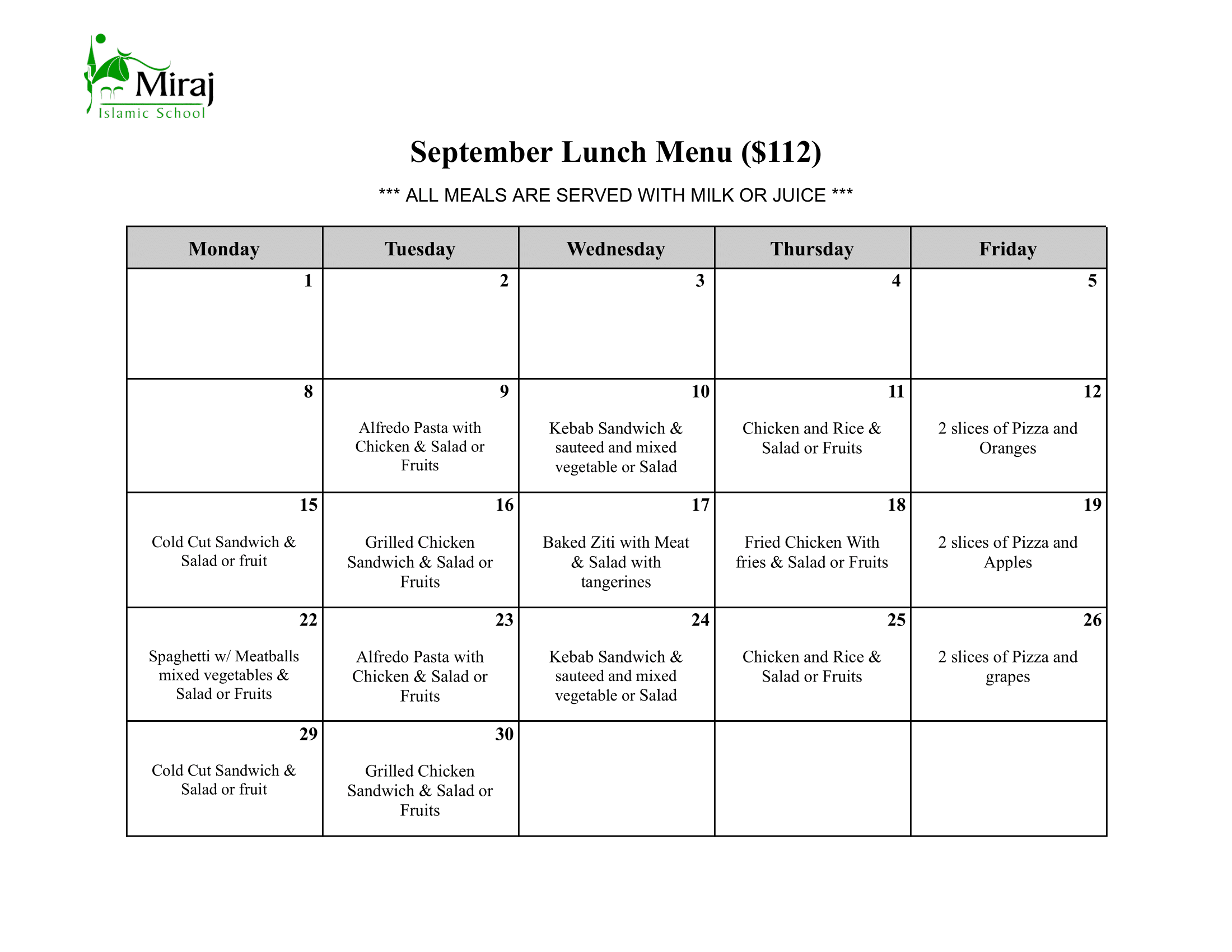 September 2025 Lunch Menu