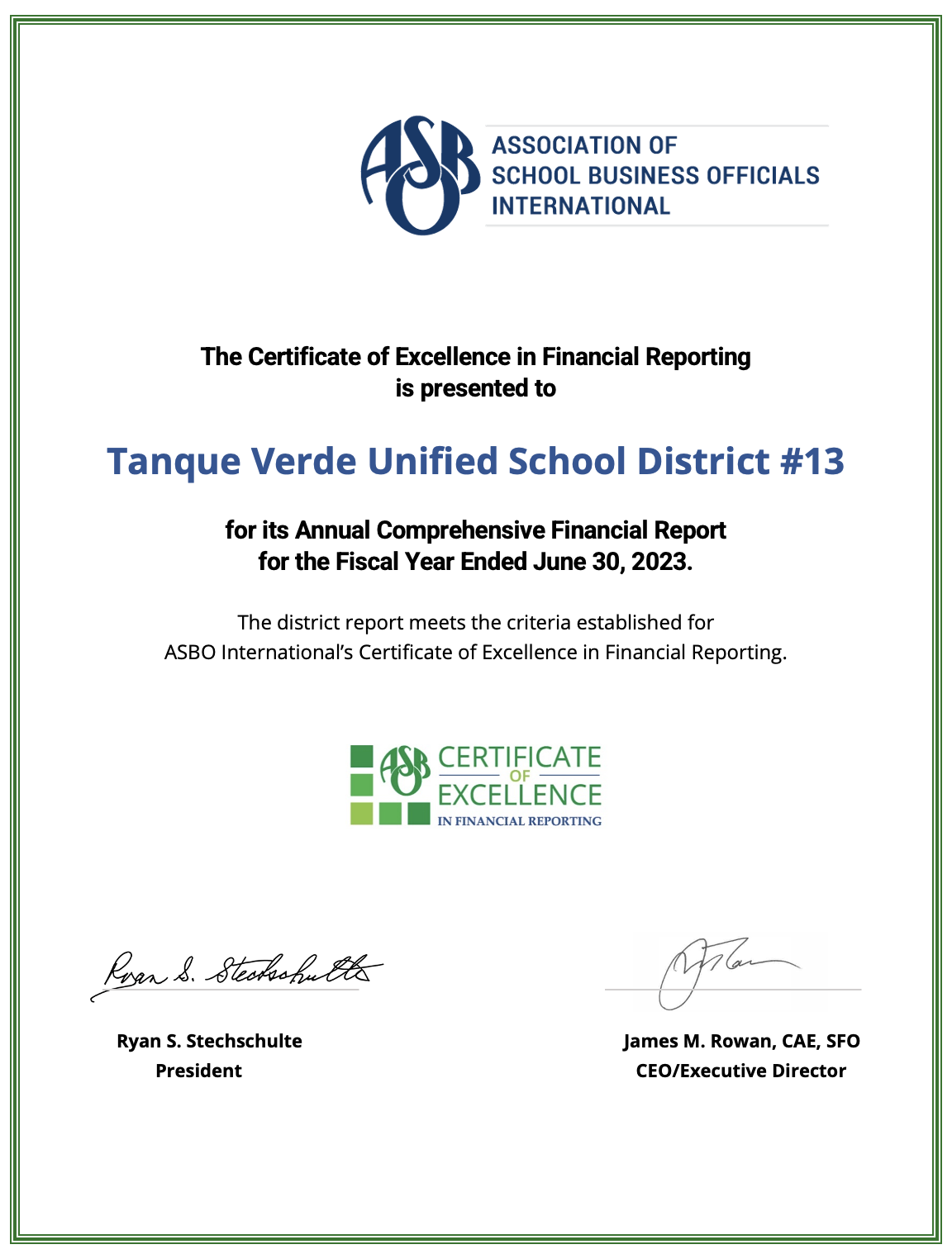 ASBO Certificate of Excellence in Financial Reporting