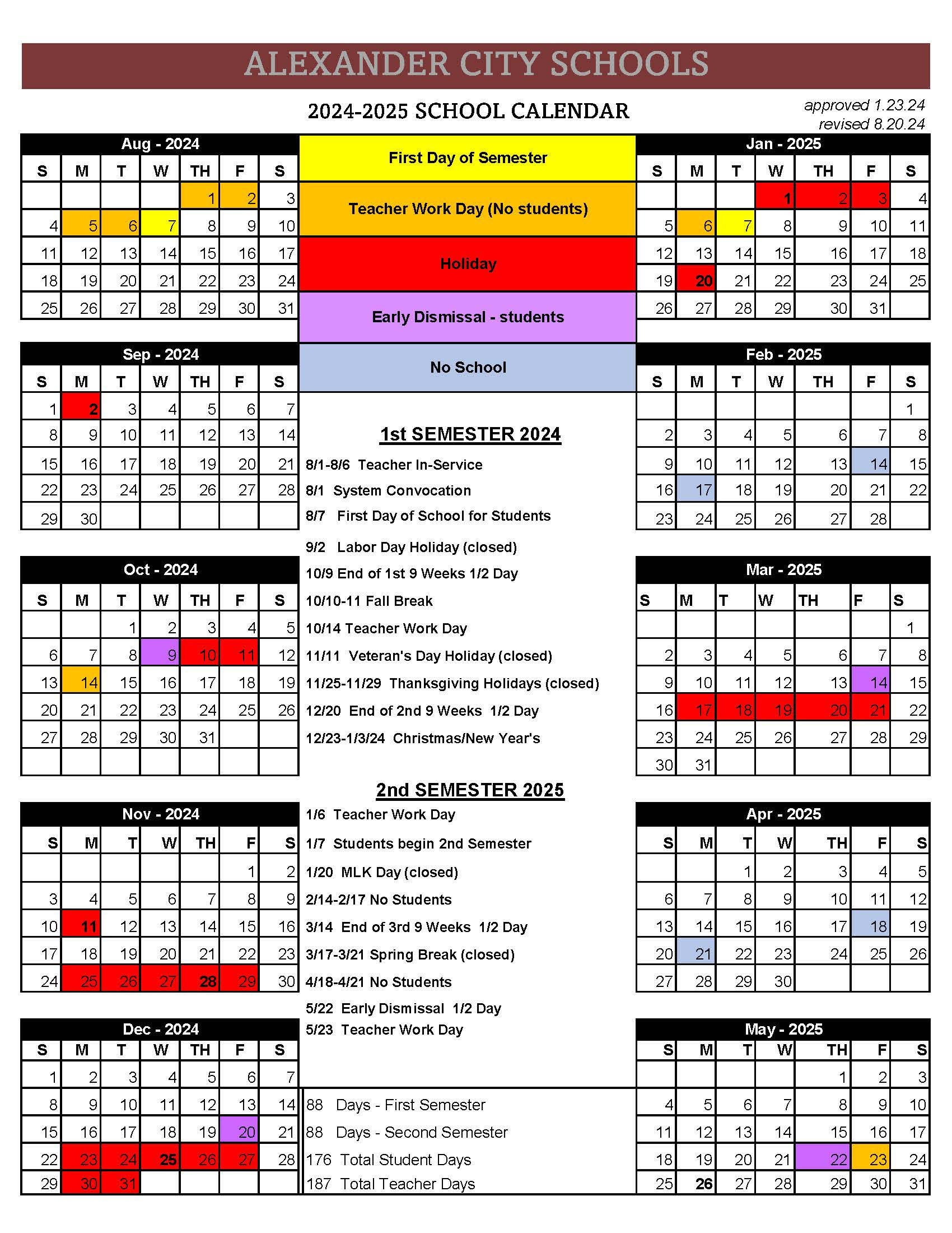 2024-2025 School Calendar