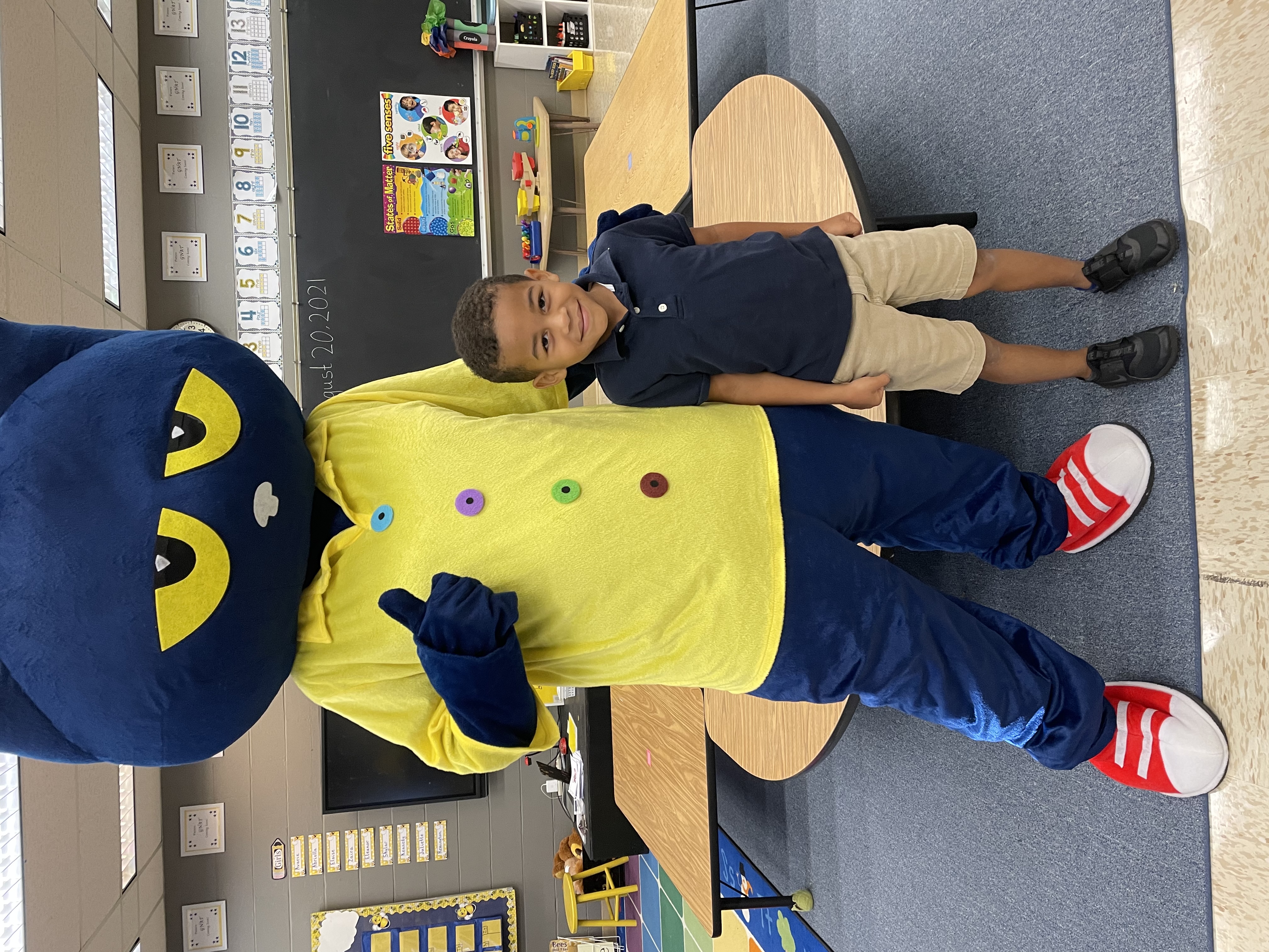 Pete the Cat visiting with a Kindergarten Gnat.