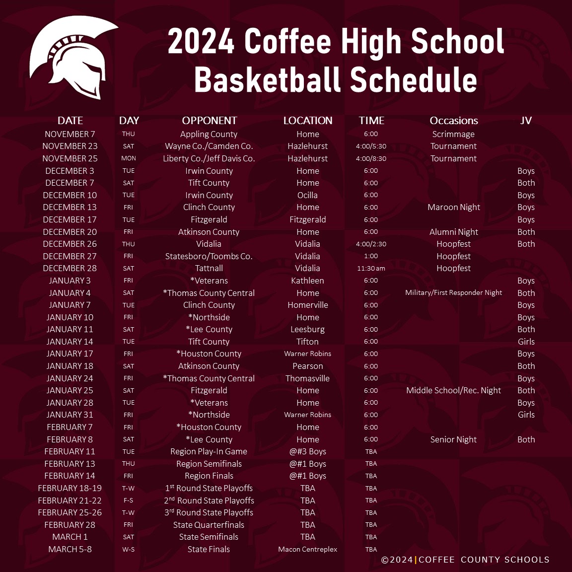 2024-2025 Coffee High School Basketball Schedule