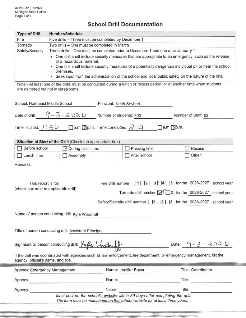 Northeast Middle School tornado drill form 2026-2027