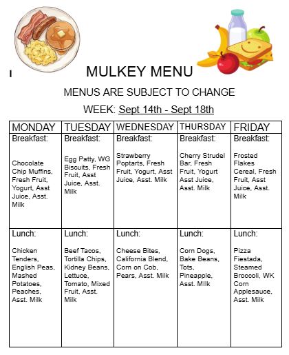 Lunch Menu for September 14-18