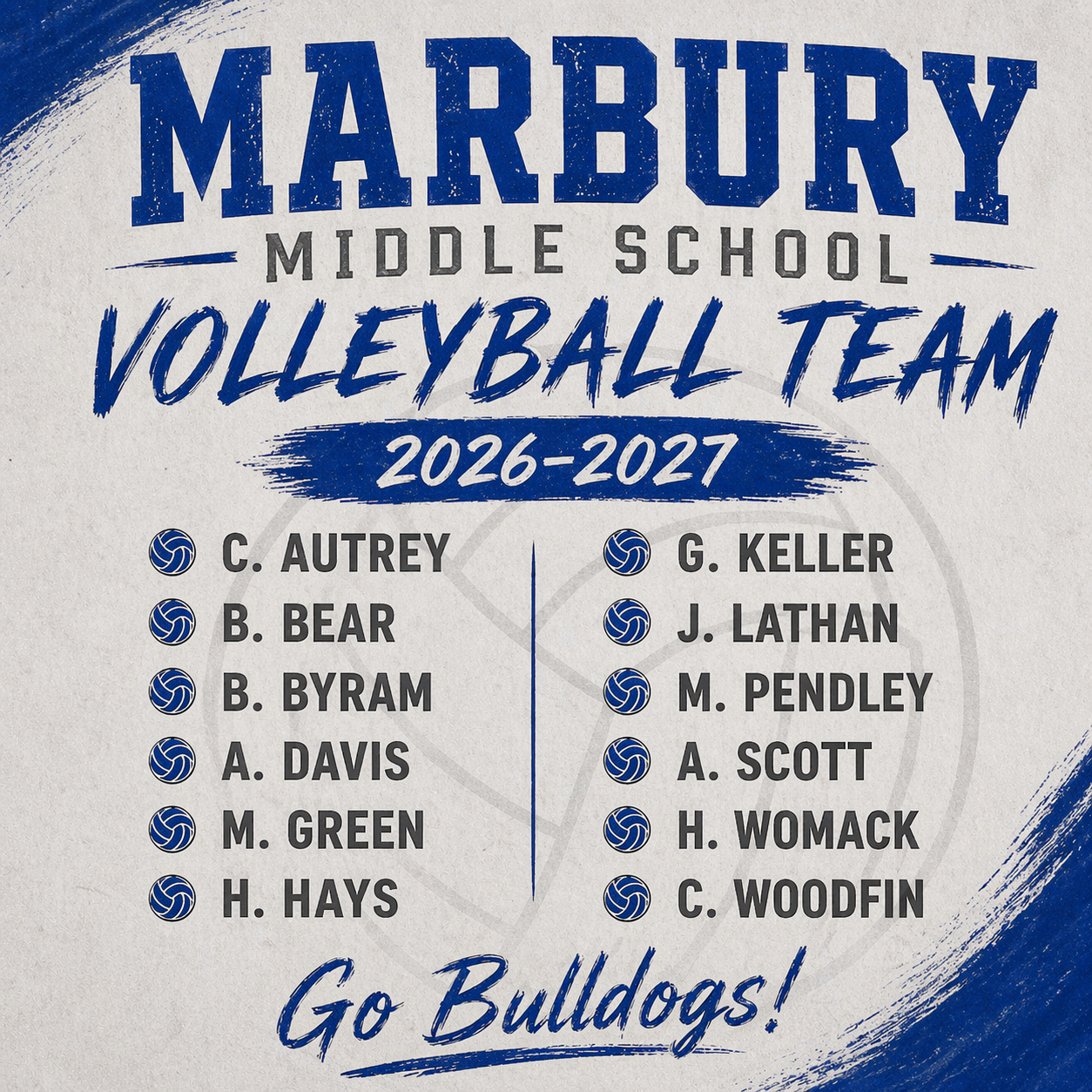 list of names of students who made volleyball team on gray background with volleyball symbols