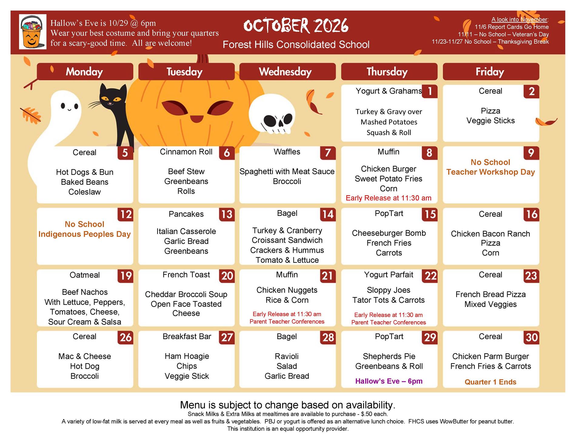 October 2026 Meal Menu