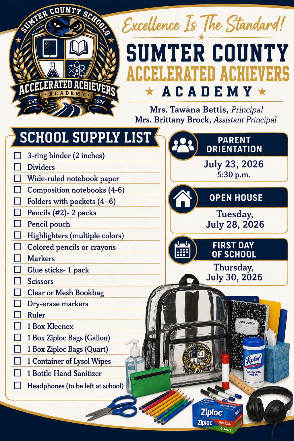 Sumter County Schools' Accelerated Achievement Academy Supply list for 26-27