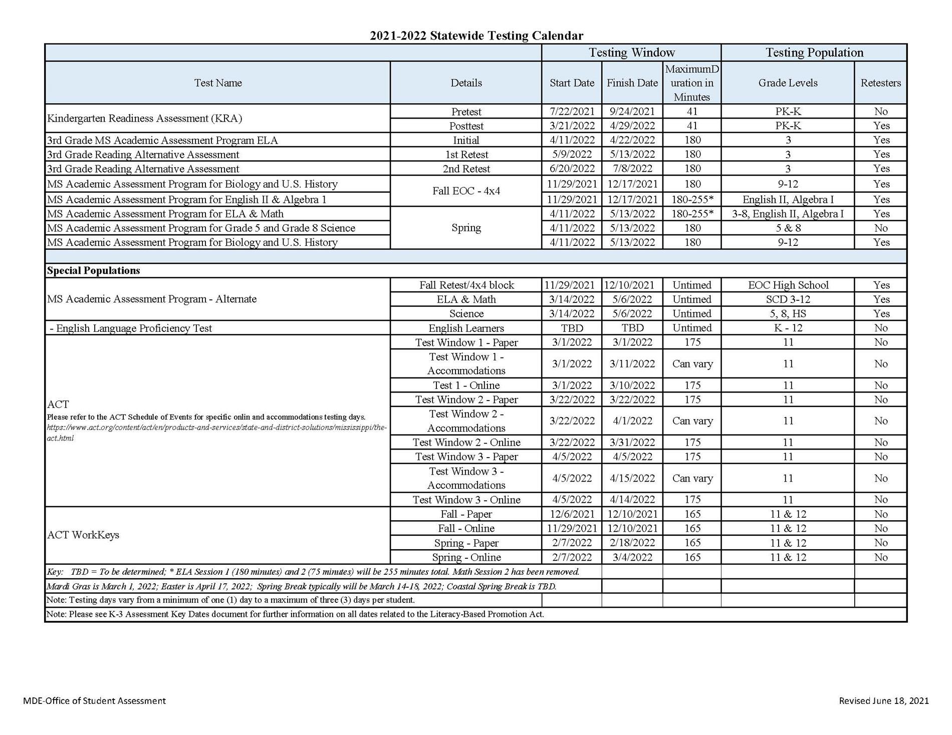 2021-2022 State Testing Calendar