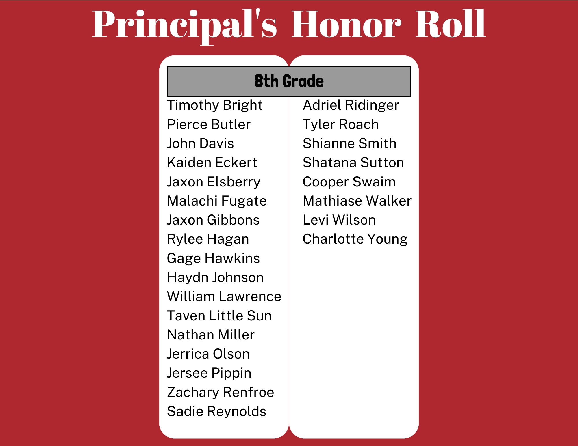 Principal's 8th grade Honor Roll