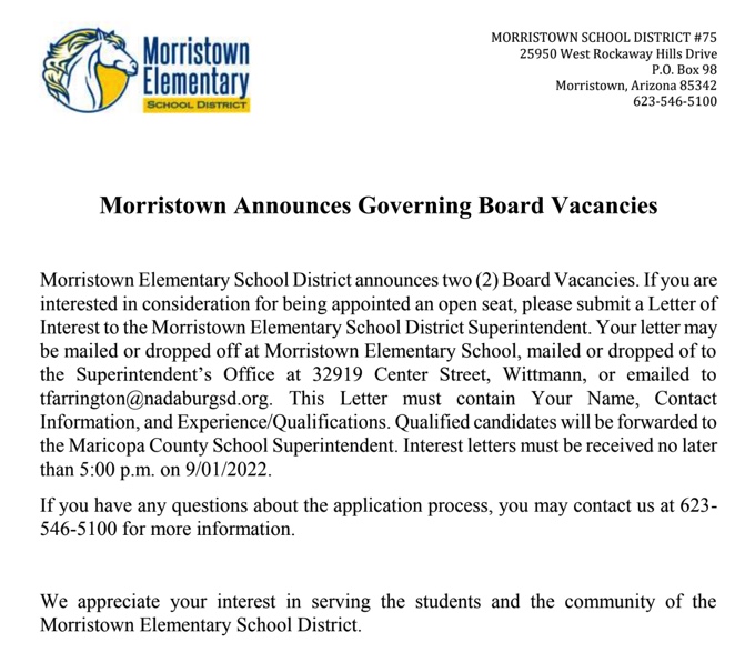 announcement of governing board vacancies 