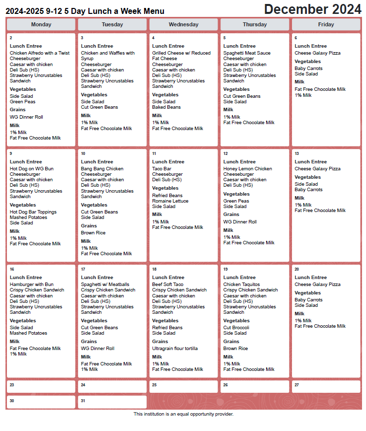 DEC lunch menu