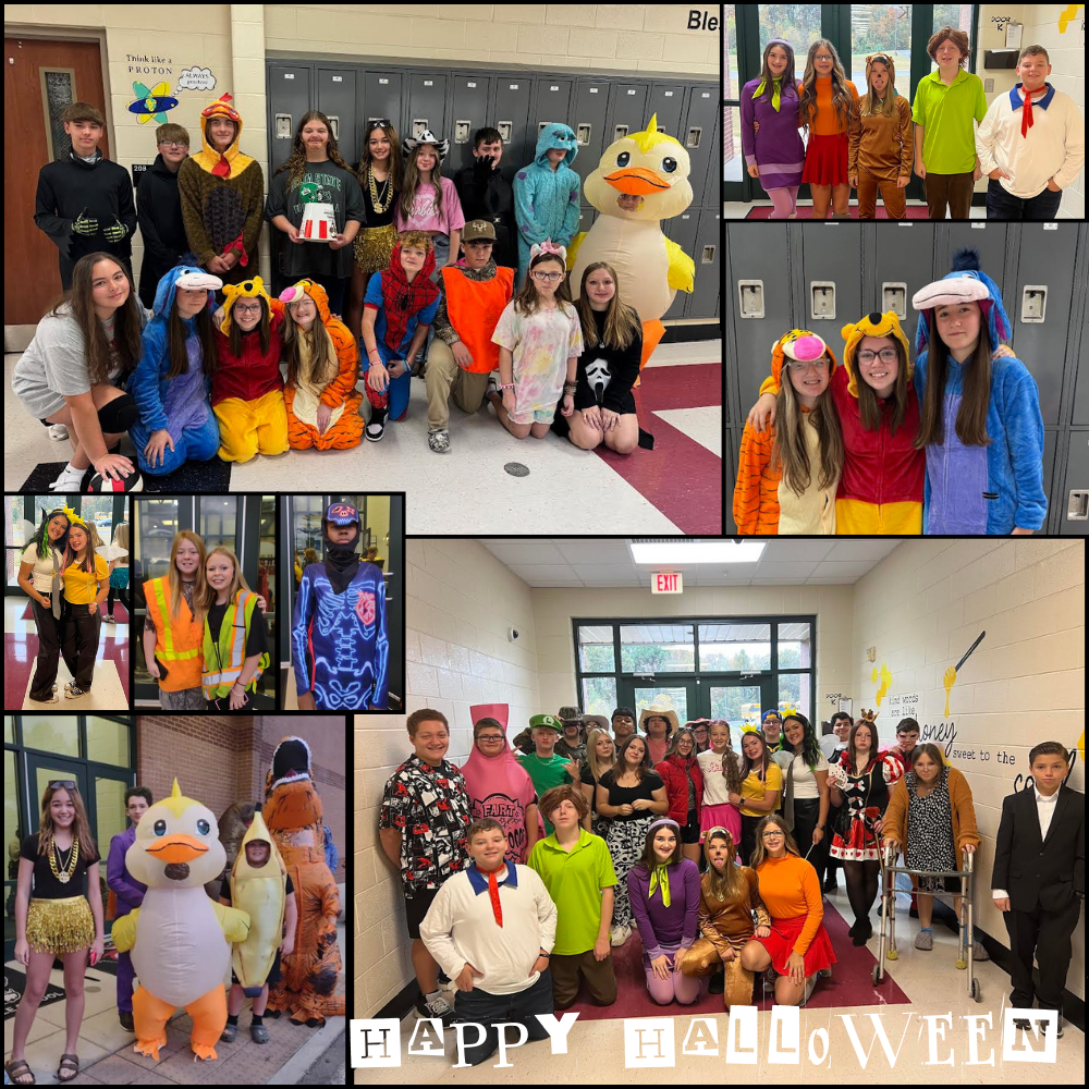 Happy Halloween! Groups of students dressed in Halloween costumes.