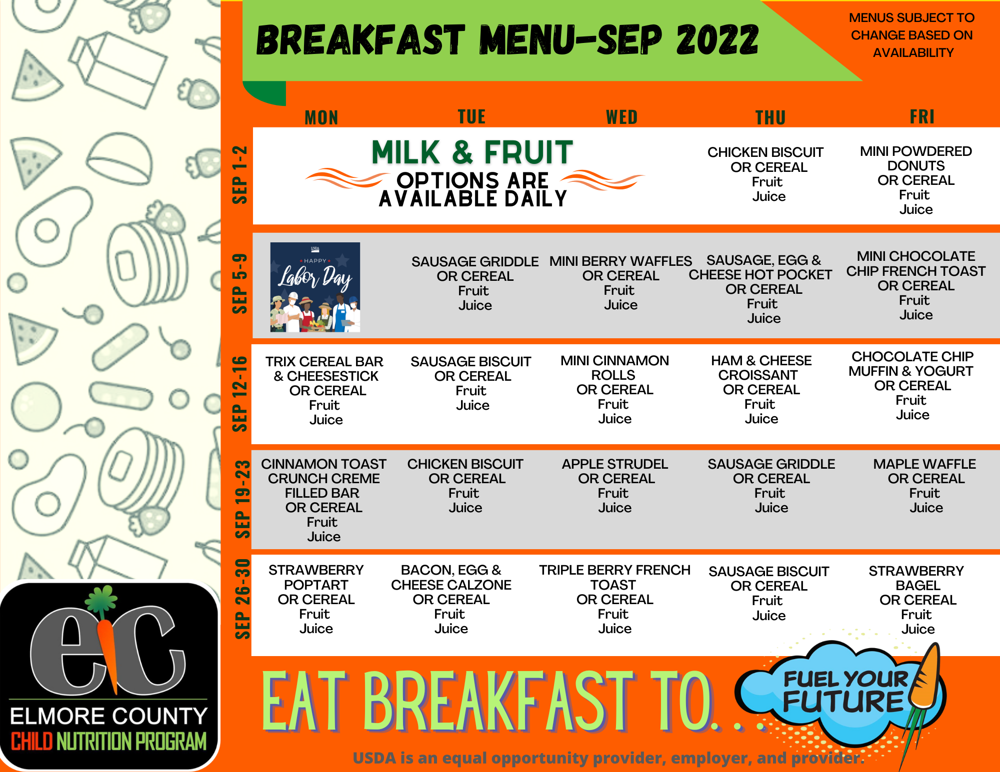 September 2022 Breakfast Menu