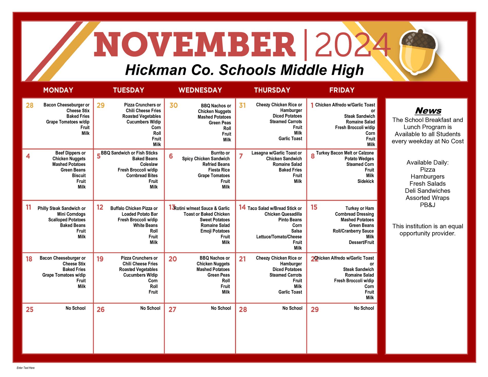 Lunch menus for the middle and high schools