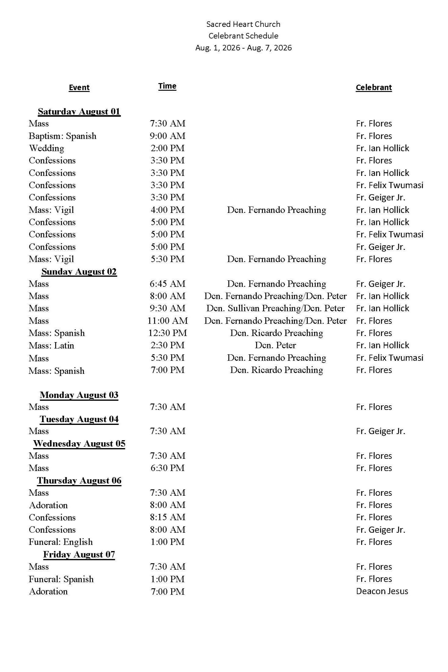 celebrant schedule