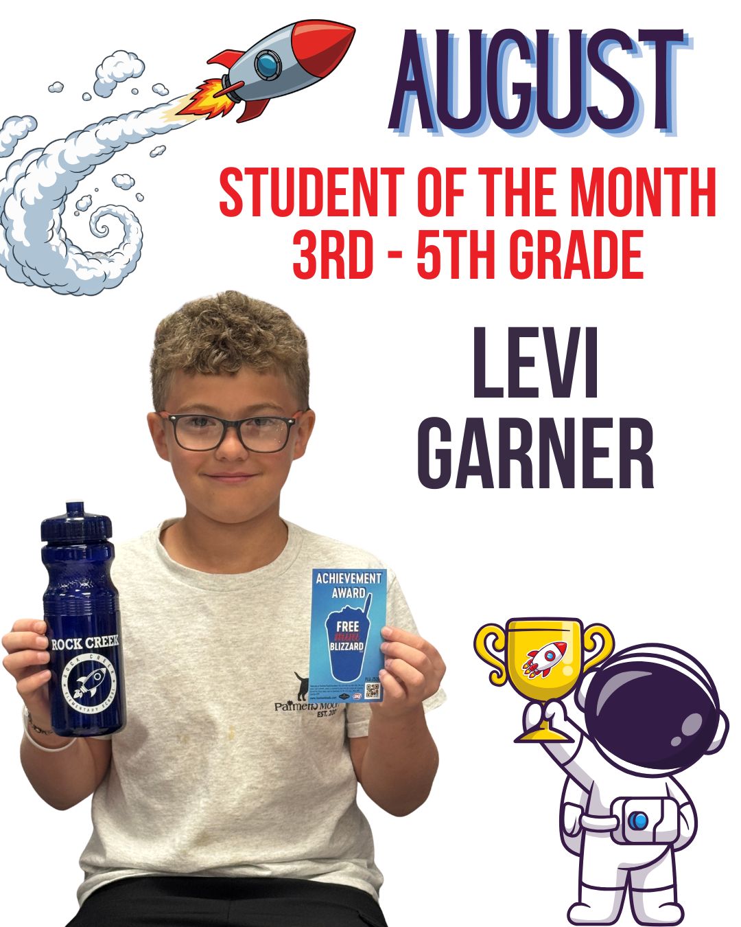September Student of the Month for 3rd-5th Grade is Levi Garner