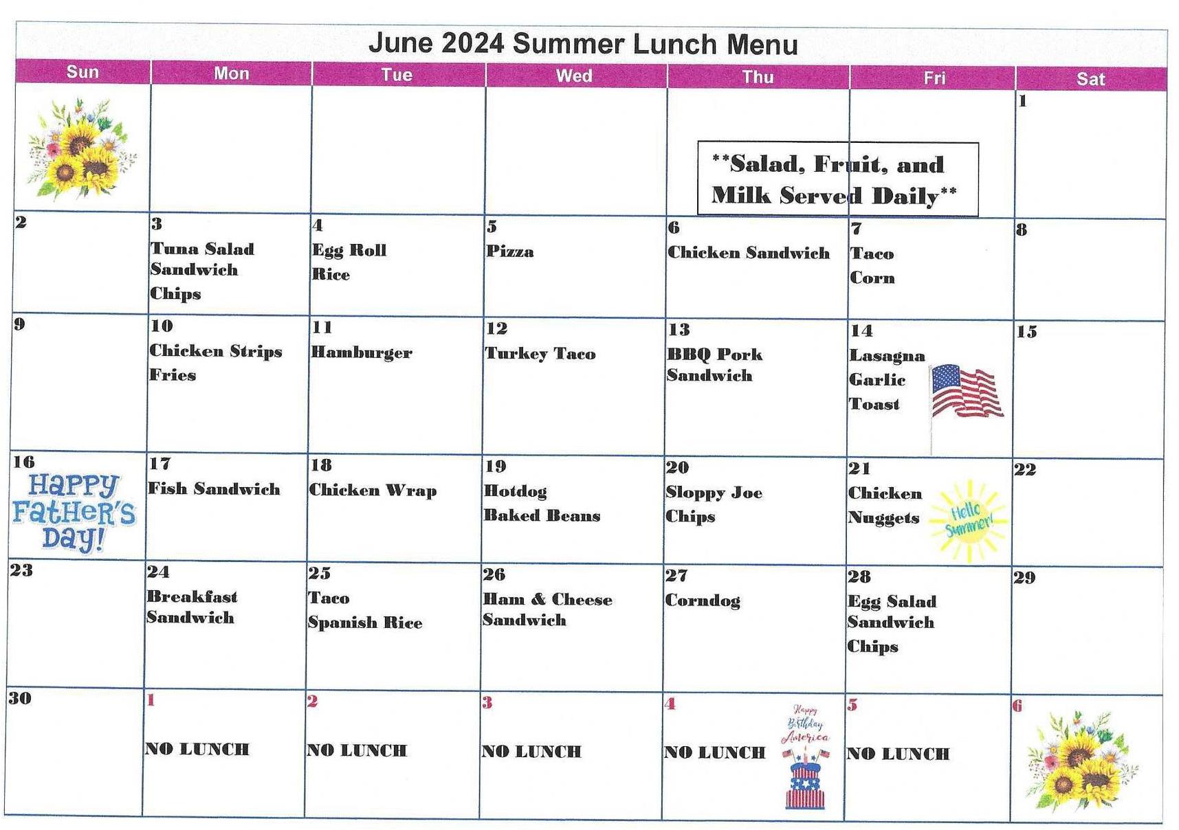 lunch menu for June 2024