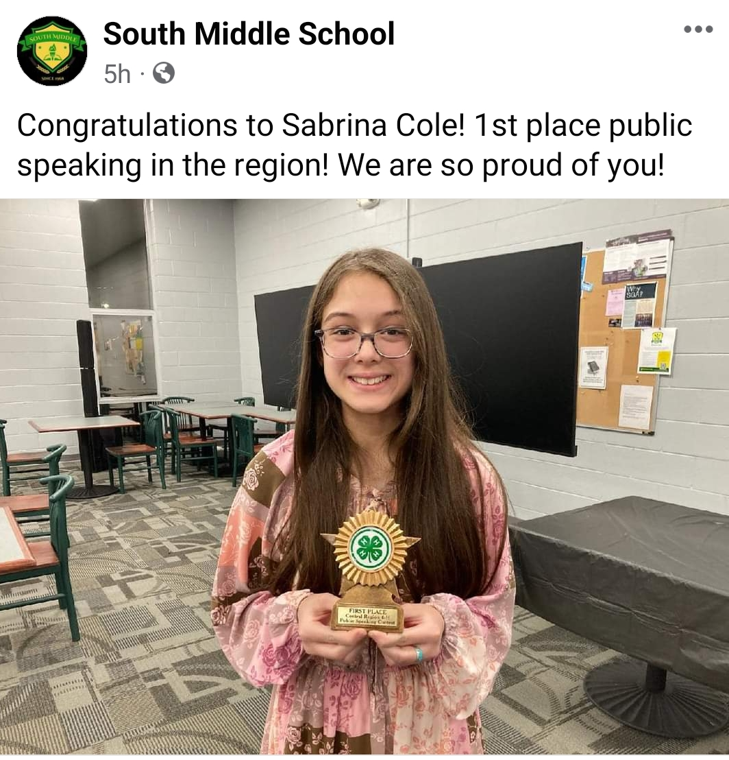Congratulations to Sabrina Cole! 1st Place for public speaking in the region! 