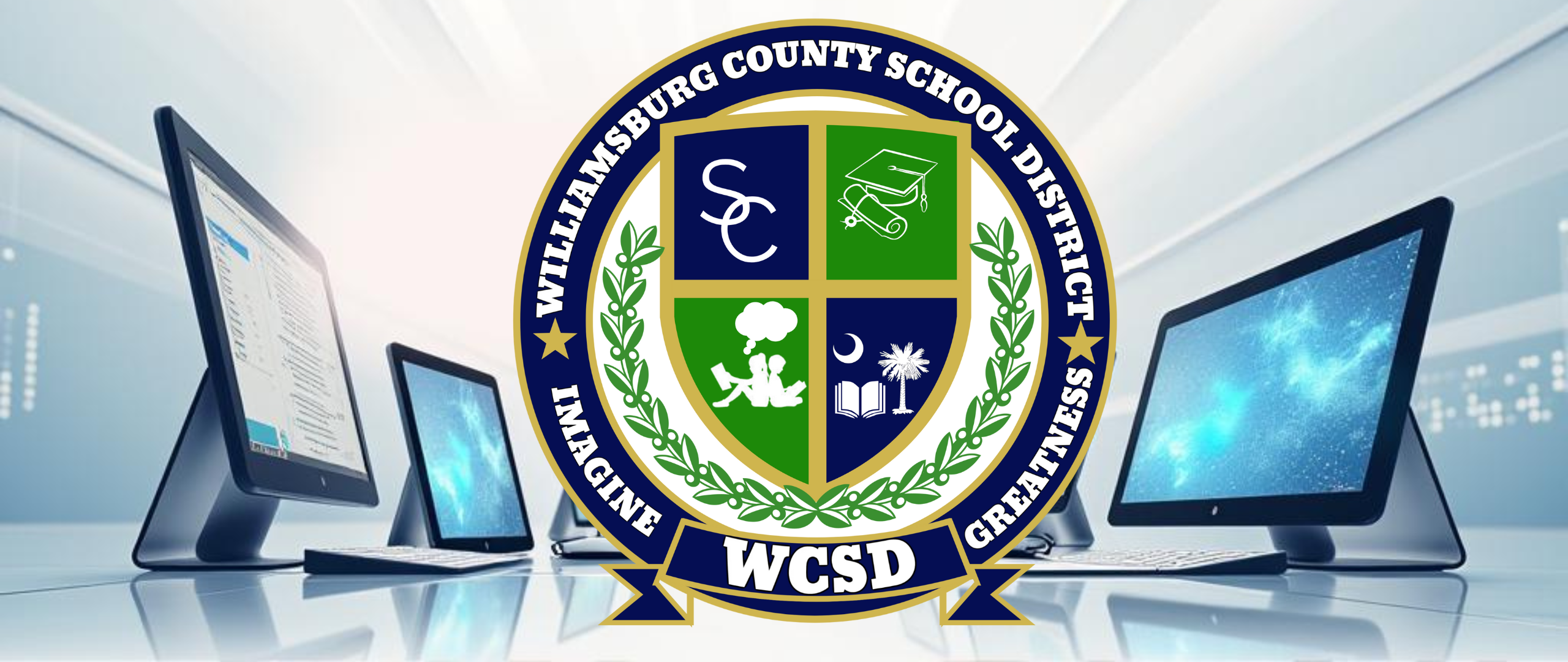 welcome to WCSD IT Department. picture of WCSD logo in the center. surrounded by computer monitors